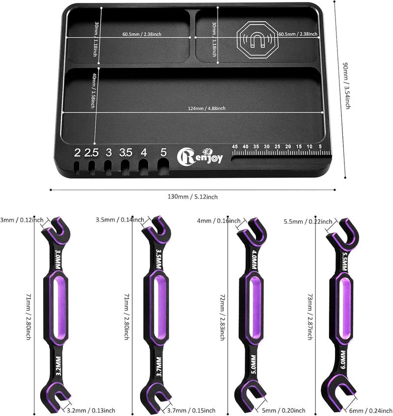 RCenjoy 4PCS Wrench 3.0/3.2/3.5/3.7/4.0/5.0/5.5/6.0mm Turnbuckle Nut Ball Joint Remover with RC Screw Tray for RC Car Boat Model Repair Tool Kit (Purple) - Image 2